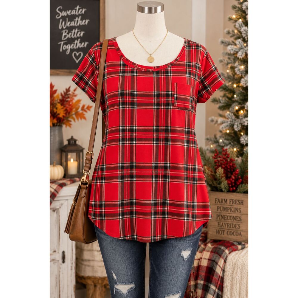 No Boundaries Women's XL 15-17 Red Tartan Plaid Short Sleeve Tunic Top Pocket